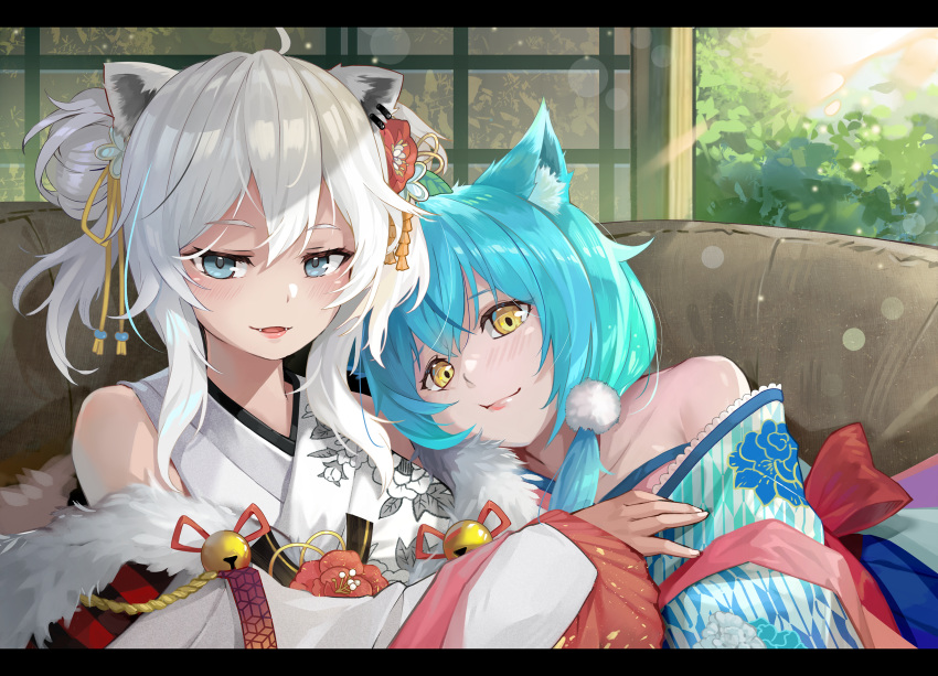2girls animal_ear_fluff animal_ears bangs bare_shoulders blue_eyes blue_hair blue_kimono blush cat_ears closed_mouth couch double_bun fangs floral_print hair_ornament head_on_another's_shoulder highres hololive indoors japanese_clothes kimono lion_ears long_hair long_sleeves looking_at_viewer multiple_girls off_shoulder on_couch parted_lips pom_pom_(clothes) pom_pom_hair_ornament shishiro_botan silver_hair smile virtual_youtuber white_kimono yellow_eyes yoshikawa_hiro yukihana_lamy