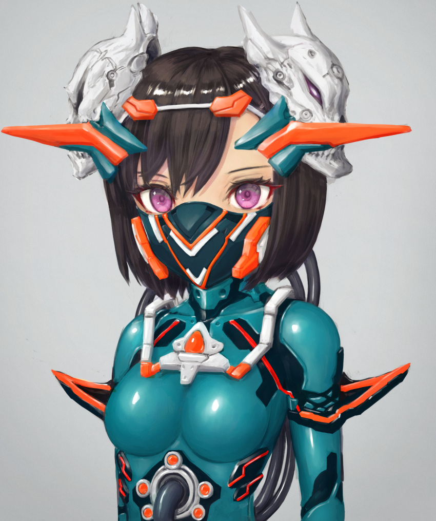 1girl aqua_bodysuit bodysuit breasts brown_hair grey_background headgear highres looking_at_viewer mask mecha_musume mouth_mask original shiny shiny_clothes skin_tight solo tube violet_eyes yumikoyama49