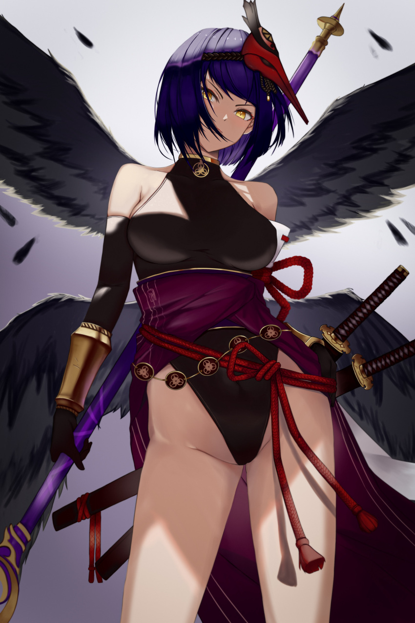 1girl absurdres autumn_boar bangs bare_shoulders black_gloves black_leotard black_wings bracer breasts closed_mouth collarbone contrapposto elbow_gloves feathered_wings genshin_impact gloves gradient gradient_background groin highleg highleg_leotard highres holding holding_staff kujou_sara large_breasts leotard long_hair mask mask_on_head multiple_wings purple_hair red_ribbon ribbon serious sheath sheathed short_hair solo staff swept_bangs thighs v-shaped_eyebrows waist_cape wings yellow_eyes