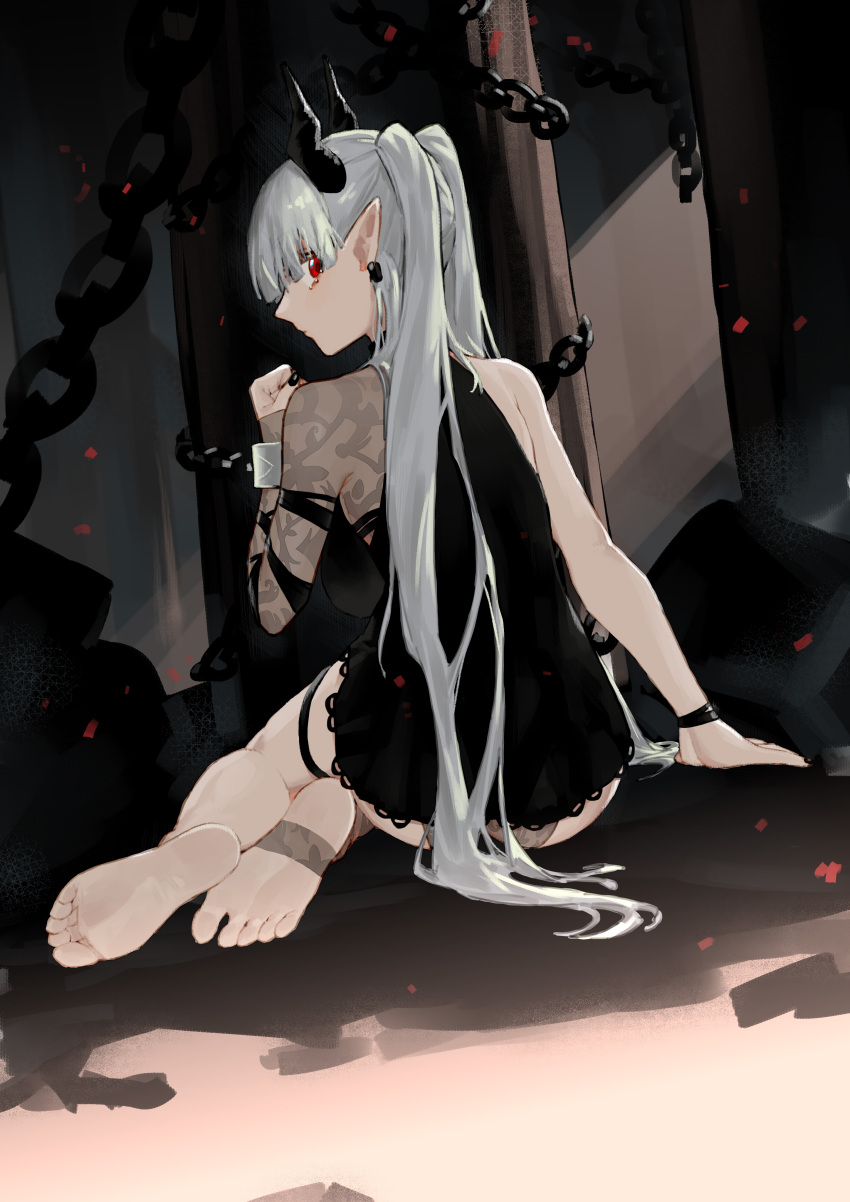 1girl absurdres arknights bare_legs barefoot black_dress bracelet chain chained_sarkaz_girl closed_mouth commentary dress feet from_behind full_body grey_hair highres horns jewelry long_hair looking_at_viewer looking_back on_ground pointy_ears profile red_eyes renxzd single_sleeve sitting soles solo symbol-only_commentary thigh_strap toes very_long_hair