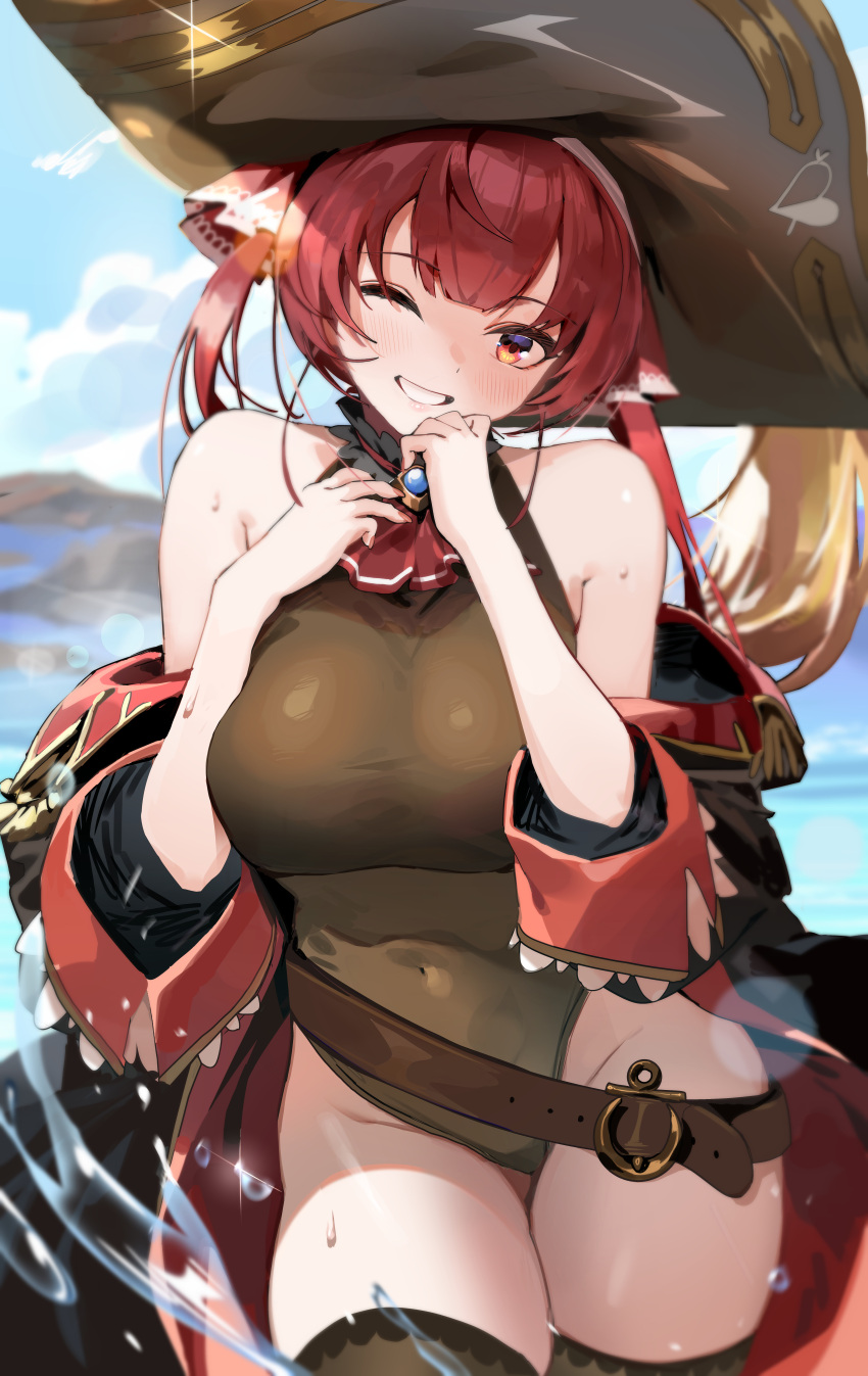 1girl ;) absurdres ascot bangs bare_shoulders black_coat blush breasts brown_leotard coat eyebrows_visible_through_hair grin hat highres hololive houshou_marine kawa683 large_breasts leotard looking_at_viewer one_eye_closed pirate_hat red_ascot red_eyes redhead smile solo thigh-highs virtual_youtuber