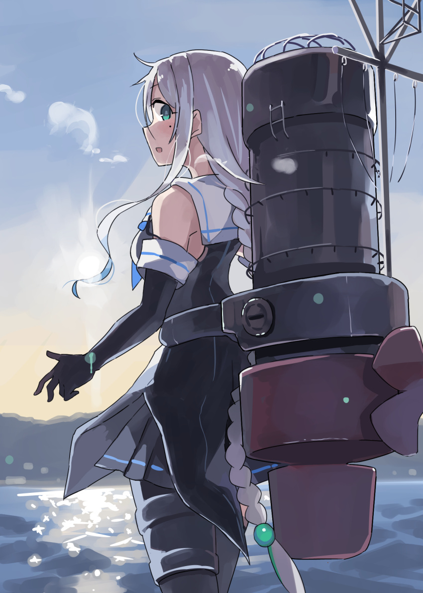 1girl bangs black_gloves black_legwear black_serafuku black_skirt blue_eyes blue_neckerchief braid collared_shirt commentary_request from_side gloves highres kantai_collection long_hair looking_at_viewer looking_to_the_side machinery mole mole_under_eye neckerchief ocean open_mouth outdoors pleated_skirt school_uniform sea_sparkle serafuku shirt silver_hair single_braid skirt sleeveless sleeveless_shirt smokestack solo sugue_tettou umikaze_(kancolle) very_long_hair water white_hair