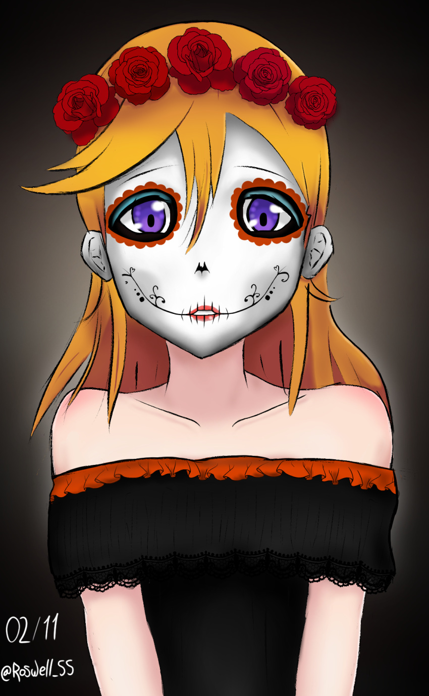 1girl bare_shoulders black_dress catrina collarbone day_of_the_dead dia_de_muertos dress female flower halloween halloween_costume highres lips lipstick looking_at_viewer love_live! love_live!_superstar!! makeup medium_hair mexican_dress mexico orange_hair pink_lips rose roswell-ss shibuya_kanon skull v_arms violet_eyes