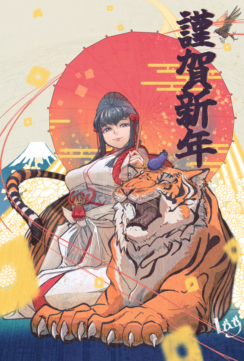 1girl absurdres black_hair breasts brown_eyes chinese_zodiac eggplant eyebrows_visible_through_hair highres lag_(wo76_a) large_breasts lips long_hair looking_at_viewer mishima_kazumi namco solo tekken tiger year_of_the_tiger