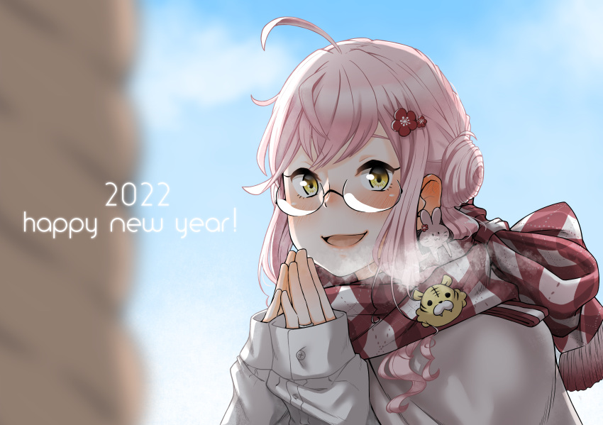 1girl 2022 alternate_costume coat commentary_request double_bun glasses grey_coat highres kantai_collection long_hair looking_at_viewer makigumo_(kancolle) new_year pin pink_hair scarf sleeves_past_wrists smile solo striped striped_scarf tamaki. twintails upper_body yellow_eyes