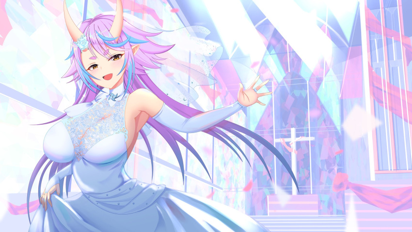 1girl blue_hair breasts clothes_lift collaboration confetti detached_sleeves dress dress_lift english_commentary flower halter_dress halterneck head_tilt highres horn_flower horns indie_virtual_youtuber jewelry large_breasts maya_oboro mayniac multicolored_hair oni oni_horns pointy_ears purple_hair ring rose semimegami sideboob smile solo streaked_hair virtual_youtuber wedding_dress white_flower white_rose