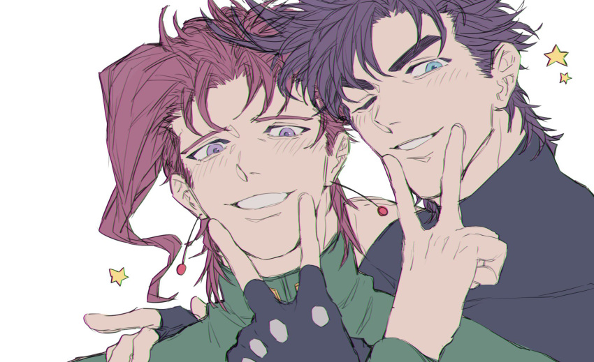 2boys asatomjj battle_tendency black_hair blue_eyes blush earrings fingerless_gloves gakuran gloves highres jewelry jojo_no_kimyou_na_bouken joseph_joestar joseph_joestar_(young) kakyoin_noriaki male_focus multiple_boys one_eye_closed redhead school_uniform sleeveless sleeveless_turtleneck star_(symbol) stardust_crusaders thick_eyebrows time_paradox turtleneck violet_eyes