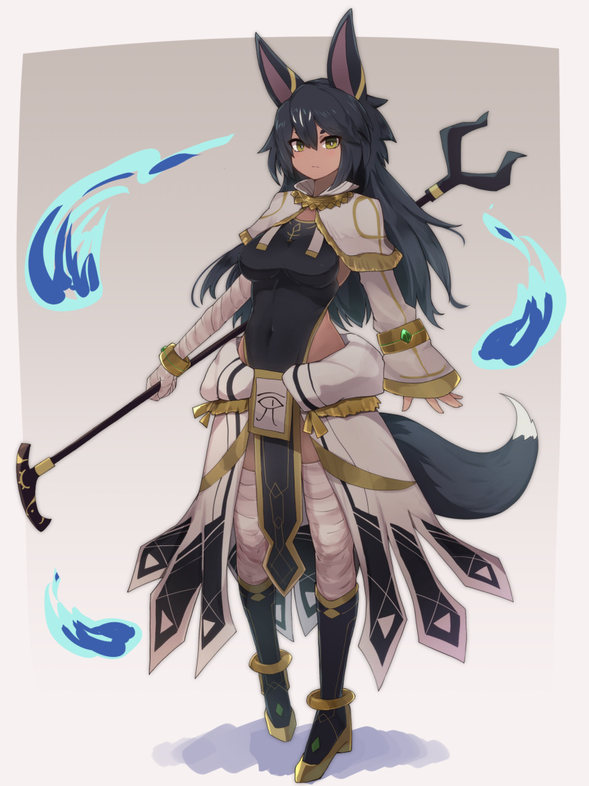 1girl animal_ears bandaged_arm bandaged_leg bandages black_hair blue_fire breasts closed_mouth covered_navel expressionless eye_of_horus fire full_body hair_between_eyes highres holding long_hair original solo standing tail wolf_ears wolf_tail yonaga