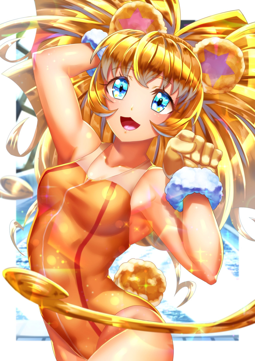 1girl :d absurdres animal_ears animal_hands bangs bare_arms bear_ears bear_girl bear_tail blonde_hair blue_eyes breasts competition_swimsuit cure_mofurun curecycadura eyebrows_visible_through_hair floating_hair fur-trimmed_gloves fur_trim gloves highres long_hair looking_at_viewer mahou_girls_precure! medium_breasts one-piece_swimsuit orange_swimsuit paw_gloves precure shiny shiny_hair smile solo standing swimsuit tail very_long_hair yellow_gloves