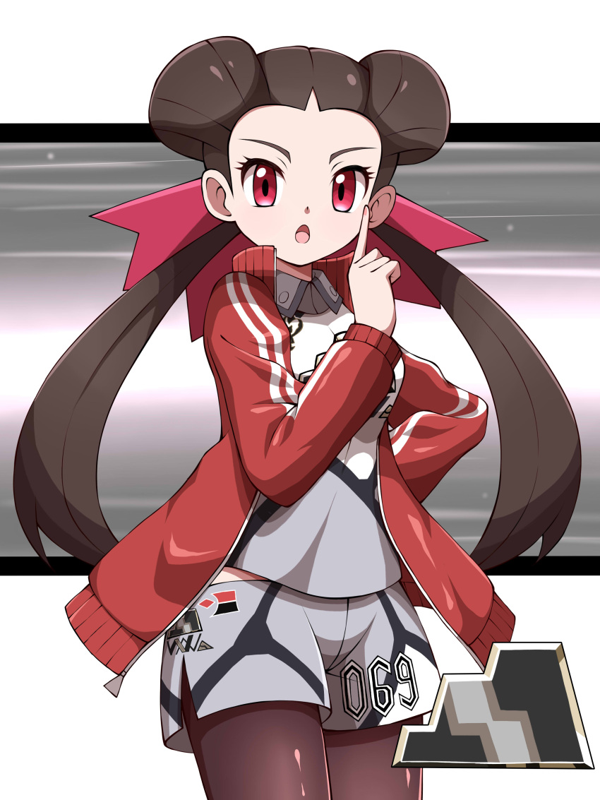 1girl absurdres alternate_costume brown_hair highres index_finger_raised jersey long_hair pokemon pokemon_(game) pokemon_rse red_eyes roxanne_(pokemon) shabana_may shorts solo thigh-highs twintails