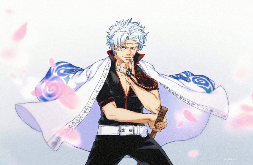 1boy artist_name beads belt black_pants black_shirt blue_hair chinese_commentary clothes_writing collarbone commentary_request cowboy_shot dated gintama godzillapigeon1 gradient gradient_background grey_background half-closed_eyes hand_up highres himejima_gyoumei holding holding_sword holding_weapon japanese_clothes jewelry kimetsu_no_yaiba kimono kimono_on_shoulders legs_apart looking_at_viewer male_focus necklace pants pearl_necklace pectoral_cleavage pectorals petals prayer_beads red_eyes ribbon-trimmed_sleeves ribbon_trim sakata_gintoki scar scar_on_face scar_on_forehead sheath sheathed shirt short_hair signature simple_background solo standing stitches sugita_tomokazu sword translation_request voice_actor_connection weapon white_kimono