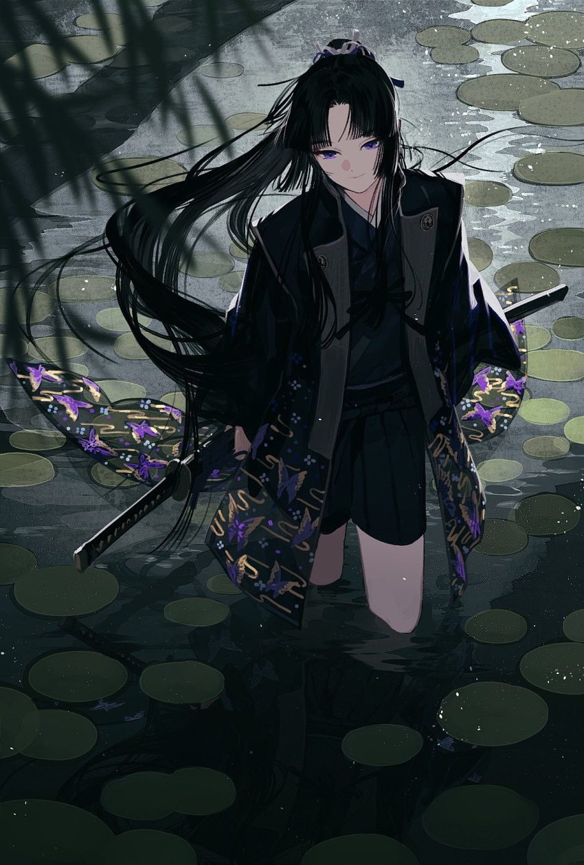 1girl backlighting bangs black_hair branch closed_mouth floating_clothes from_above full_body hair_ribbon hakama hakama_shorts haori head_tilt highres holding holding_weapon in_water japanese_clothes katana kazari_tayu light_particles light_smile lily_pad long_hair long_sleeves looking_at_viewer night original ponytail reflection reflective_water ribbon scar scar_on_cheek scar_on_face sheath shorts solo sword tied_hair very_long_hair violet_eyes walking water weapon wet wet_clothes wide_sleeves