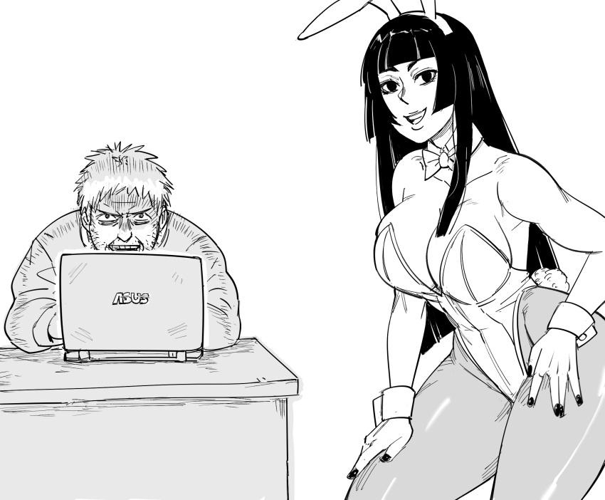1boy 1girl artist_self-insert asus bb_(baalbuddy) black_hair breasts computer desk detached_collar facial_hair greyscale hand_on_hip hand_on_own_leg highres hime_cut laptop large_breasts long_hair looking_at_viewer monochrome original pantyhose playboy_bunny plunging_neckline simple_background sitting stubble white_background wrist_cuffs