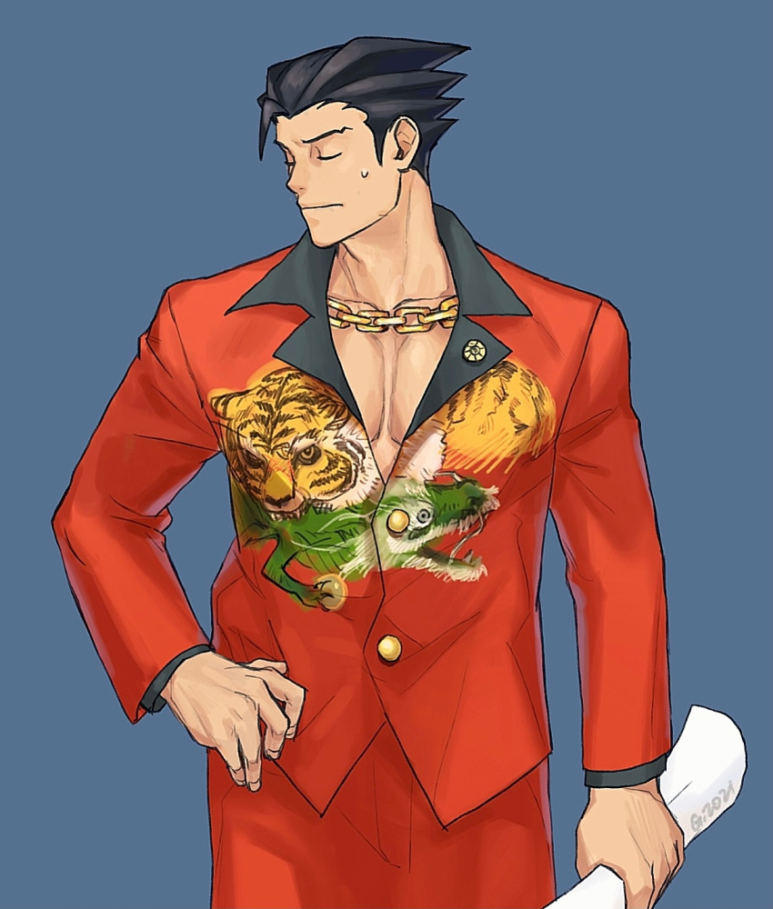 1boy ace_attorney alternate_costume artist_name black_hair black_shirt blue_background buttons chain chain_necklace chinese_commentary closed_eyes closed_mouth collarbone commentary_request cosplay cowboy_shot dated forehead furio_tigre furio_tigre_(cosplay) godzillapigeon1 gold_chain hand_on_hip highres holding holding_paper jacket large_pectorals long_sleeves male_focus nervous no_shirt pants paper pectoral_cleavage pectorals phoenix_wright phoenix_wright:_ace_attorney_-_trials_and_tribulations pin red_jacket red_pants shirt short_hair signature simple_background solo spiky_hair standing sweat