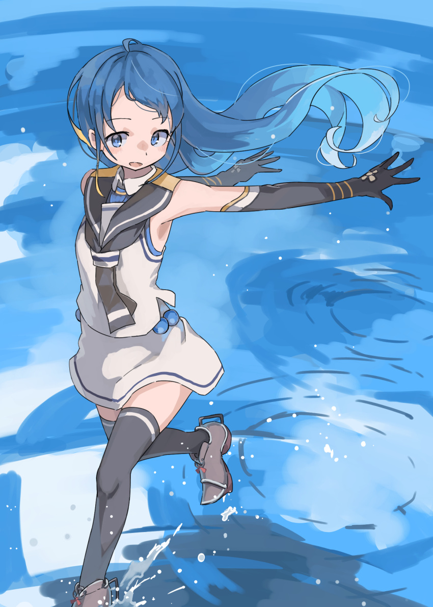 1girl bangs bare_shoulders black_gloves black_legwear black_neckerchief blue_eyes blue_hair commentary_request elbow_gloves foot_out_of_frame gloves gradient_hair highres kantai_collection long_hair looking_at_viewer multicolored_hair neckerchief ocean open_mouth outdoors outstretched_arms sailor_collar samidare_(kancolle) school_uniform serafuku shirt skirt sleeveless sleeveless_shirt smile solo sugue_tettou swept_bangs thigh-highs very_long_hair walking walking_on_liquid water white_serafuku white_skirt zettai_ryouiki