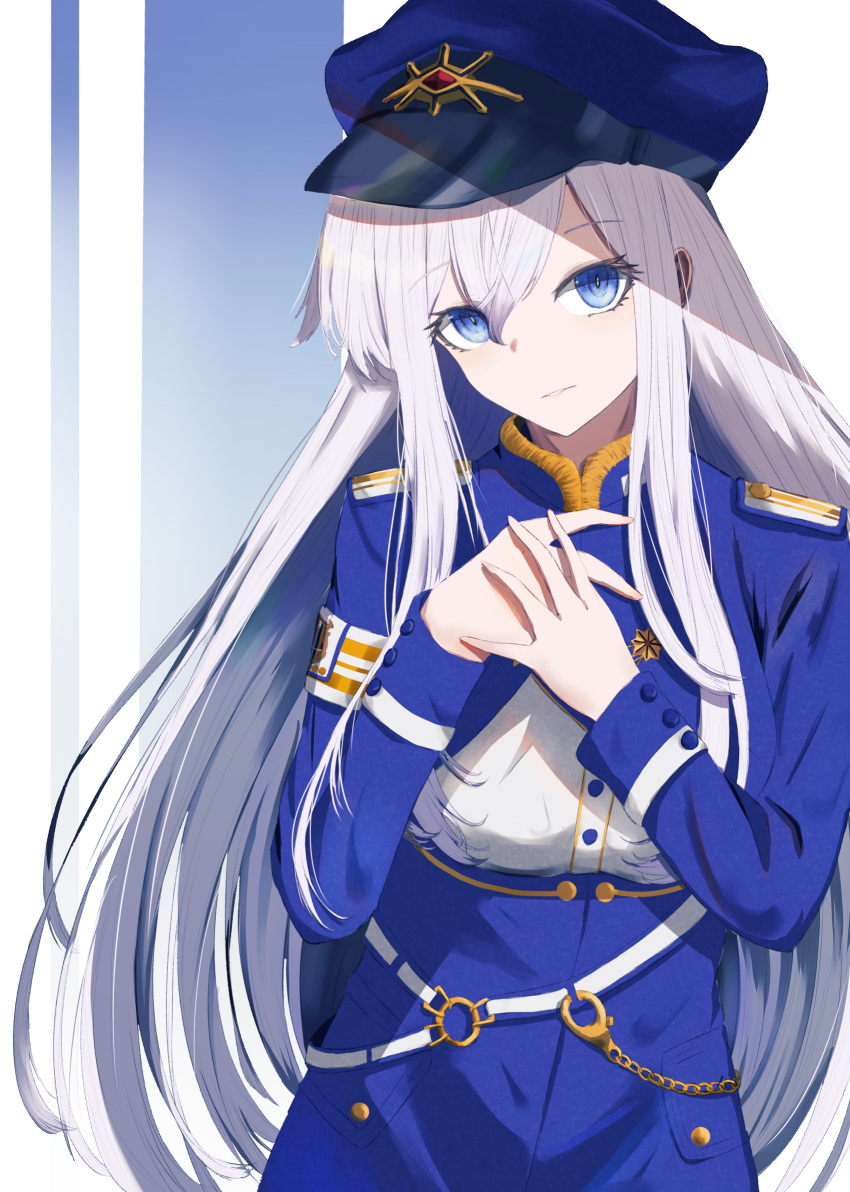 1girl 86_-eightysix- antenna_hair armband bangs blue_eyes blue_jacket blush breasts commentary_request eyebrows_visible_through_hair hair_between_eyes hat highres jacket long_hair long_sleeves medium_breasts shirt silver_hair simple_background smile solo tomatokunn_3 upper_body very_long_hair vladilena_millize white_shirt