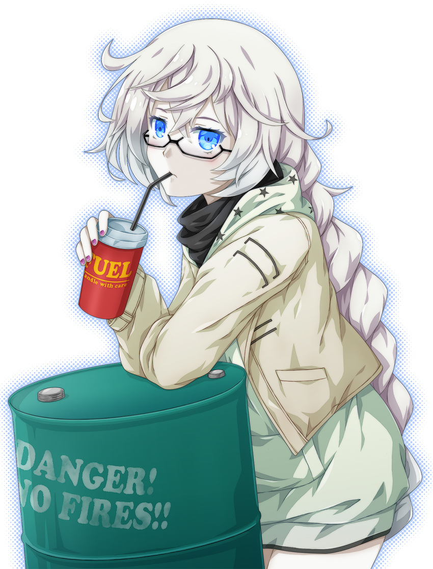1girl absurdly_long_hair abyssal_ship alternate_costume black-framed_eyewear blue_eyes can colored_skin drinking drinking_straw drum_(container) english_text fukaiton glasses glowing glowing_eyes highres holding holding_can kantai_collection long_hair long_sleeves pale_skin solo supply_depot_princess very_long_hair white_hair white_skin