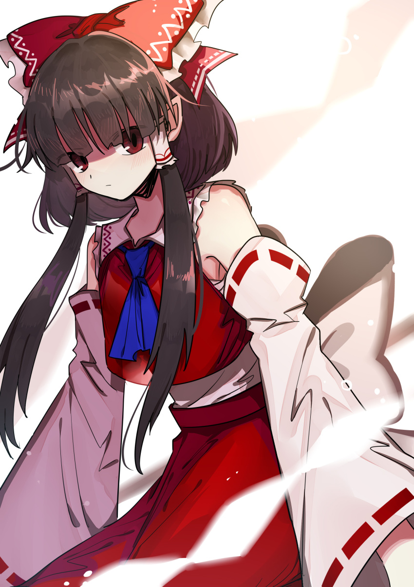 1girl absurdres ascot asuku_(69-1-31) back_bow bandages bangs bare_shoulders black_hair blue_ascot blush bow brown_eyes closed_mouth collared_shirt detached_sleeves eyes_visible_through_hair frills hair_between_eyes hair_ornament hair_tubes hakurei_reimu highres long_sleeves looking_at_viewer red_bow red_skirt red_vest ribbon-trimmed_sleeves ribbon_trim shirt short_hair simple_background skirt solo standing touhou vest white_background white_bow white_shirt wide_sleeves