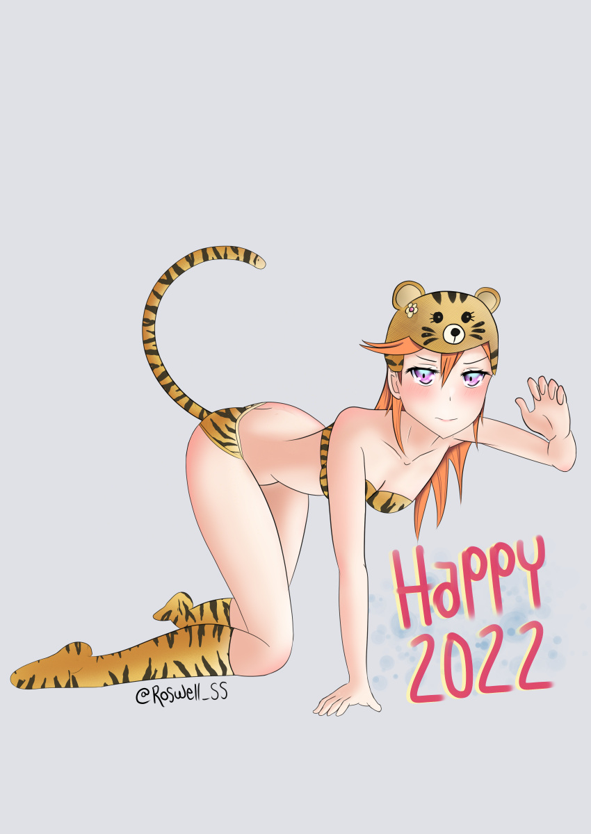 1girl 2022 absurdres animal_ears black_hair blush breasts chinese_zodiac collarbone feline female female_only happy_new_year highres kness love_live! love_live!_superstar!! medium_hair nengajou new_year orange_hair roswell-ss shibuya_kanon small_breasts solo solo_focus tail tiger tiger_ears tiger_girl tiger_stripes tiger_tail violet_eyes year_of_the_tiger