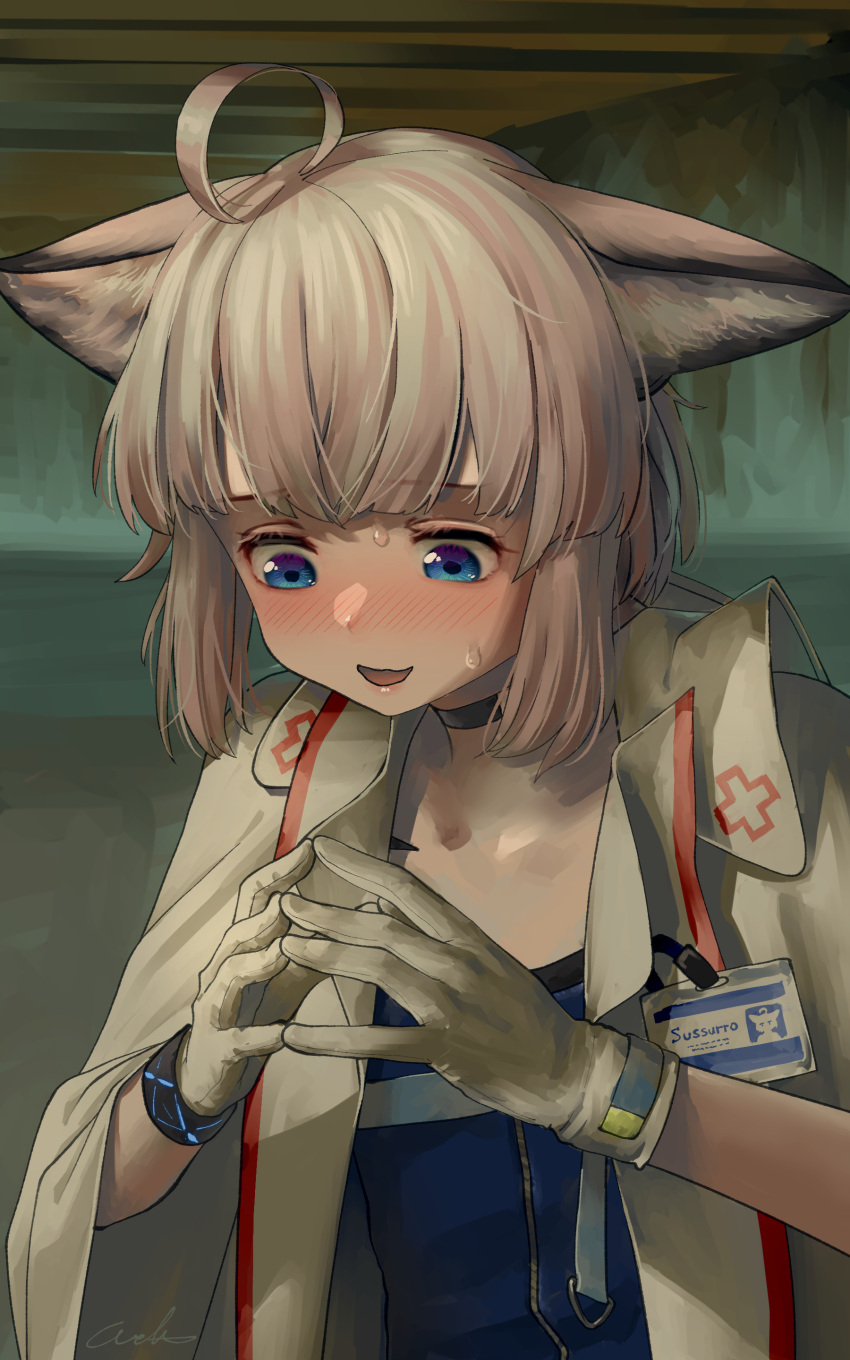 1girl absurdres animal_ear_fluff animal_ears arknights blue_shirt cloak cross embarrassed fingers_together fox_ears fox_girl gloves highres infection_monitor_(arknights) medic name_tag open_cloak open_clothes red_cross shirt solo sussurro_(arknights) welt_(kinsei_koutenkyoku) white_gloves