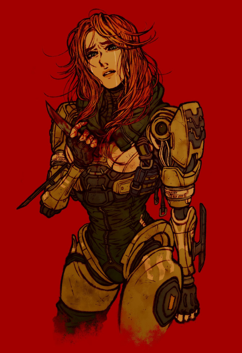 1girl android apex_legends ash_(titanfall_2) ash_(titanfall_2)_(cosplay) ashleigh_reid blush clenched_hand cosplay cropped_legs crying crying_with_eyes_open head_tilt highres holding holding_knife hood kanzumesabako knife looking_at_viewer medium_hair orange_hair parted_lips red_background solo tears