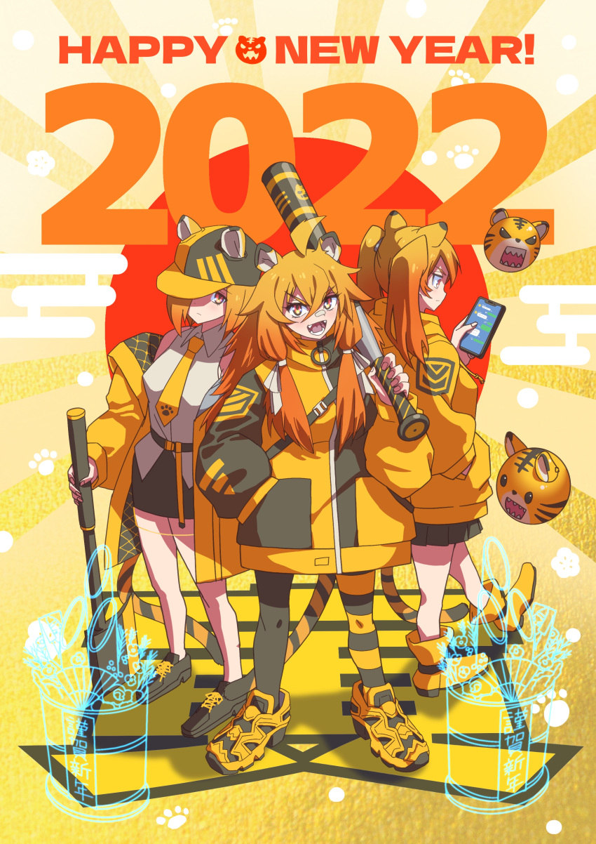 2022 3girls absurdres ahoge animal_ears asymmetrical_legwear background_text bandaid bandaid_on_nose baseball_bat baseball_cap black_footwear black_legwear black_skirt blouse cellphone chinese_zodiac coat collared_blouse commentary egasumi english_text fangs grey_blouse hair_between_eyes hair_over_shoulder hair_tie hand_in_pocket happy_new_year hat hat_over_one_eye highres holding holding_baseball_bat holding_phone long_hair long_sleeves looking_at_viewer medium_hair miniskirt mismatched_legwear multiple_girls necktie nengajou new_year no_socks off_shoulder open_clothes open_coat open_mouth orange_coat orange_eyes orange_footwear orange_headwear orange_legwear orange_necktie original over_shoulder pantyhose phone shoes short_hair skirt smartphone smile somasoutaro standing striped striped_legwear tail tiger_ears tiger_girl tiger_tail translated twintails v-shaped_eyebrows year_of_the_tiger