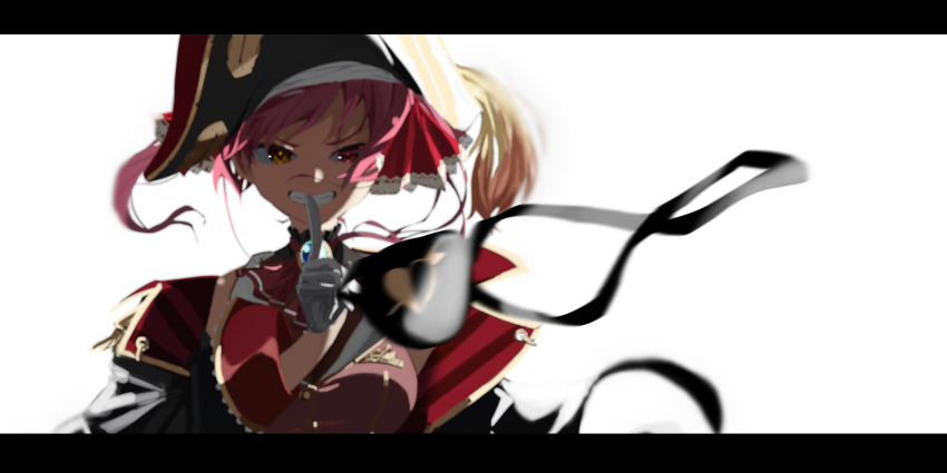 1girl bicorne breasts commentary_request eyepatch eyepatch_removed finger_to_mouth gloves grin hat heterochromia highres hololive houshou_marine letterboxed looking_at_viewer miya_(miya-oekaki1128) red_eyes redhead smile solo upper_body virtual_youtuber white_background yellow_eyes