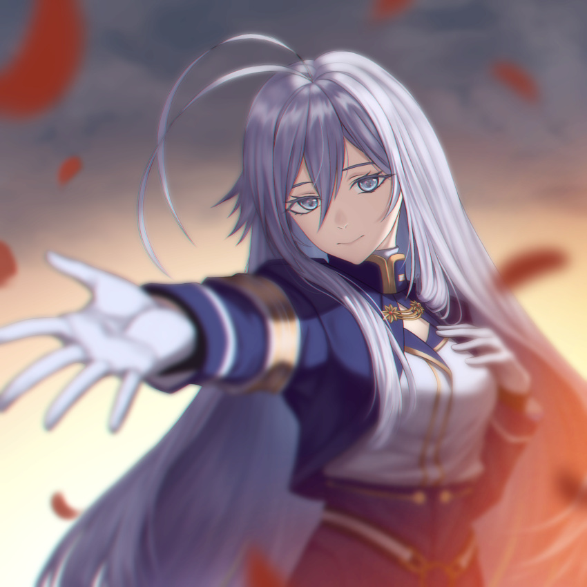 1girl 86_-eightysix- absurdres antenna_hair azureol bangs blue_eyes blue_jacket blue_skirt breasts closed_mouth eyelashes gloves hair_between_eyes high-waist_skirt highres jacket long_hair long_sleeves looking_at_viewer medium_breasts military military_uniform outstretched_arm outstretched_hand reaching_out shiny shiny_hair shirt silver_hair simple_background skirt solo standing straight_hair uniform upper_body very_long_hair vladilena_millize white_gloves white_shirt