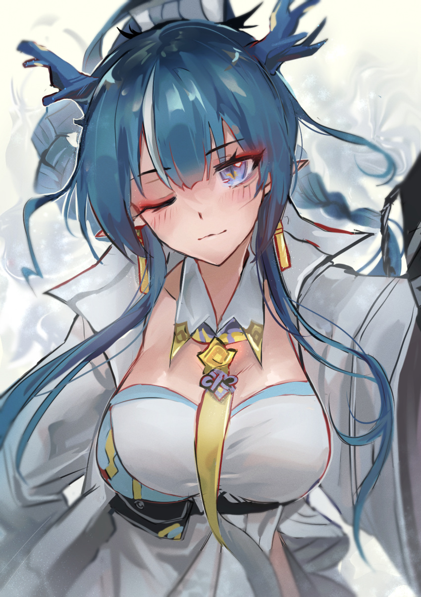 1girl ;) arknights bangs blue_eyes blush braid breasts closed_mouth detached_collar dragon_horns dress eyebrows_visible_through_hair eyeshadow head_tilt highres horns kaguura_(kagu) large_breasts ling_(arknights) long_hair long_sleeves looking_at_viewer makeup necktie one_eye_closed outstretched_arm pointy_ears smile solo strapless strapless_dress upper_body very_long_hair white_dress wide_sleeves yellow_necktie