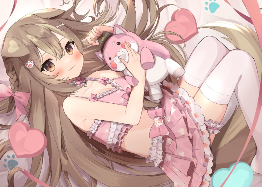 1girl animal_ears bangs bare_shoulders blush bow bow_camisole bow_skirt braid brown_eyes brown_hair camisole character_request collarbone commission crop_top dog_ears dog_girl dog_tail frilled_camisole frilled_skirt frills goma_(u_p) hair_between_eyes hair_bow hair_ornament hairclip hairpin heart highres holding holding_stuffed_toy leg_garter long_hair looking_at_viewer lying miniskirt no_shoes on_back original paw_hair_ornament paw_print pink_bow pink_camisole pink_skirt pleated_skirt simple_background skeb_commission skirt solo stuffed_animal stuffed_toy tail thigh-highs white_legwear