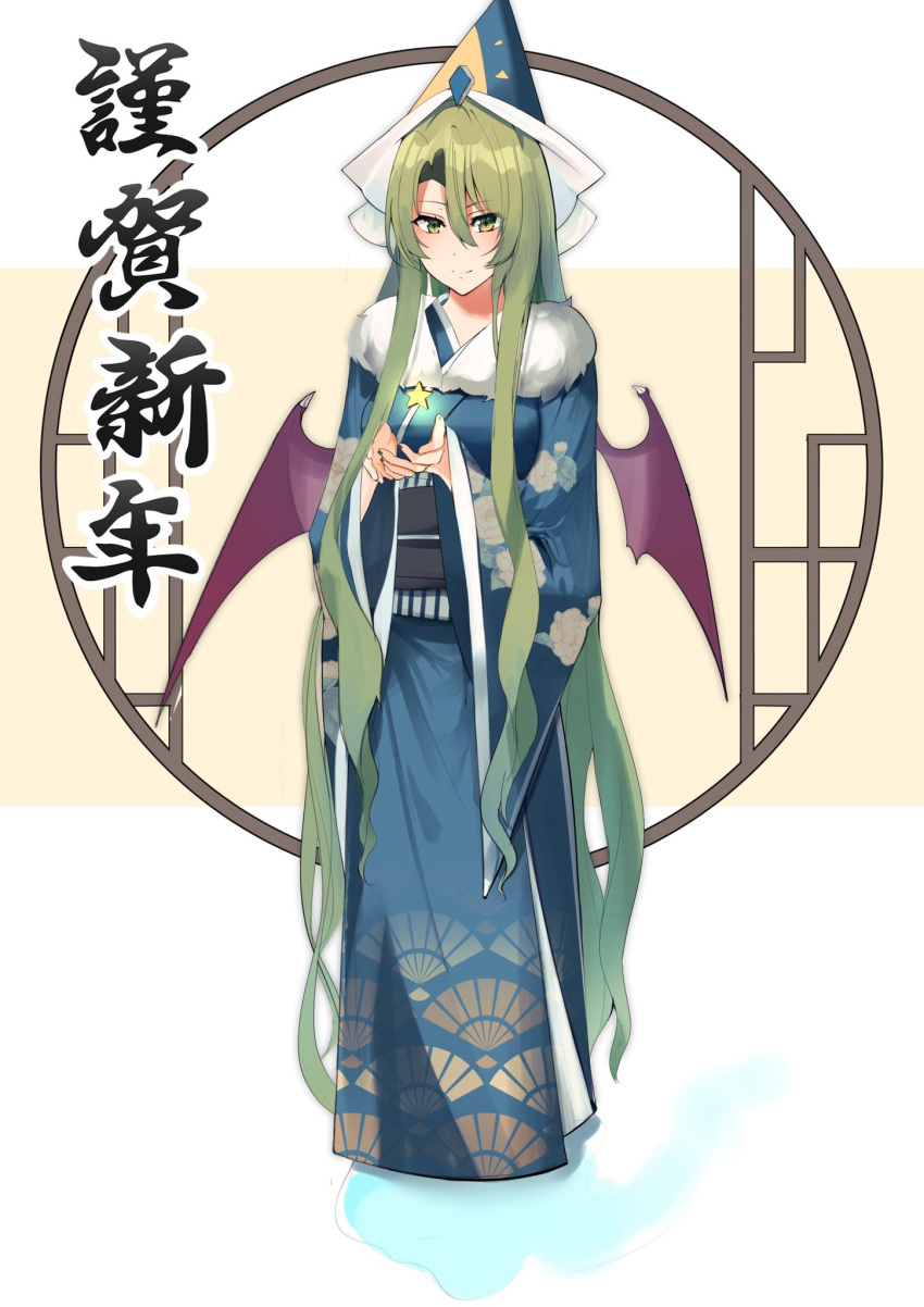 1girl alternate_costume bangs bat_wings black_sash blue_eyes blue_kimono blush commentary_request demon_wings floating floating_object full_body fur_trim ghost_tail green_hair hat highres japanese_clothes kimono kuroko_tori long_hair long_sleeves mima_(touhou) obi parted_bangs round_window sash shiny shiny_hair sidelocks simple_background smile solo standing star_(symbol) touhou touhou_(pc-98) translation_request very_long_hair white_background wide_sleeves window wings witch_hat