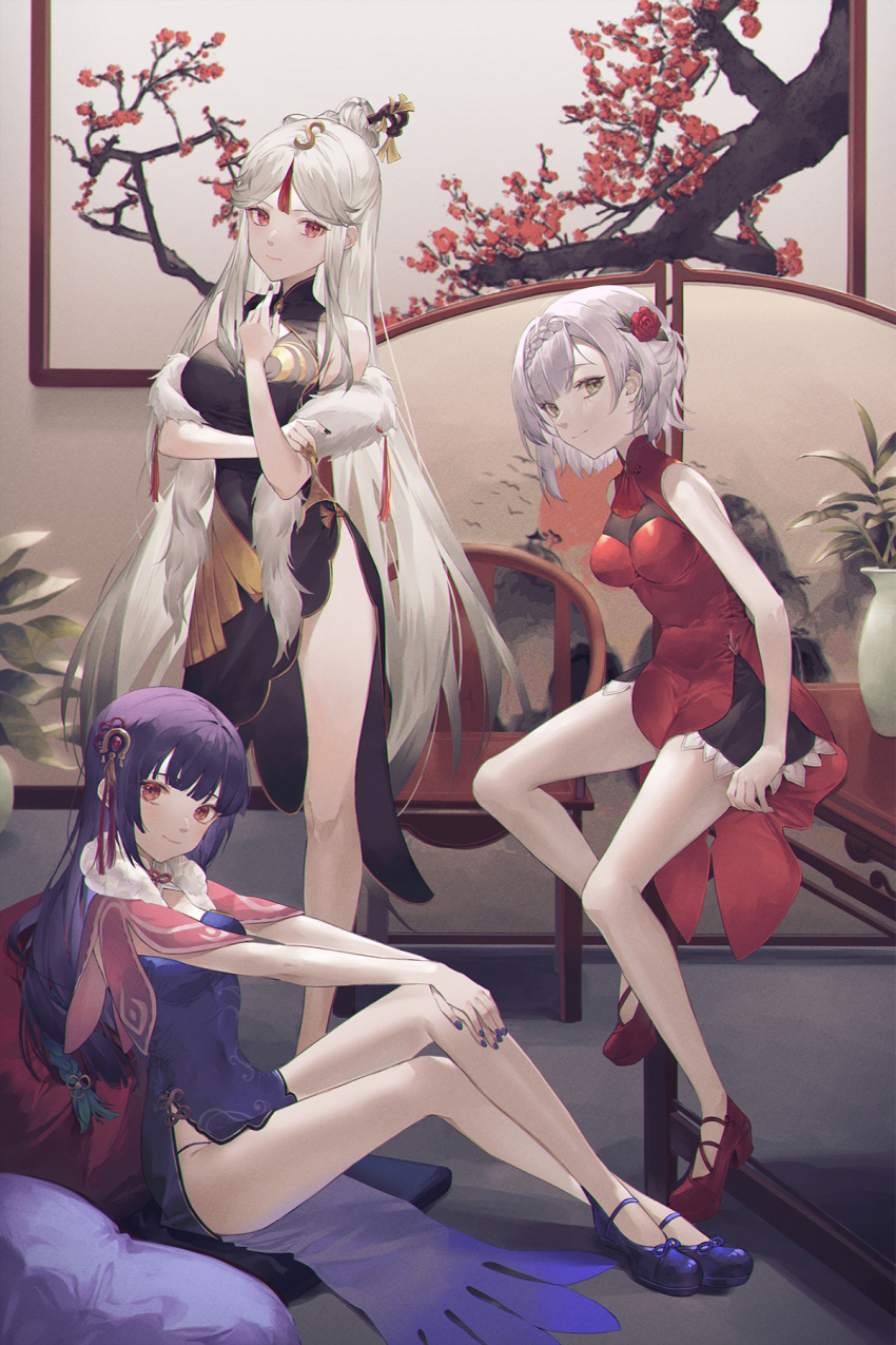 3girls alternate_costume bangs bare_legs black_dress blue_dress blue_footwear cha_chya chair china_dress chinese_clothes commentary dress feather_boa flower genshin_impact green_eyes hair_flower hair_ornament highres indoors knees_up long_hair looking_at_viewer multiple_girls ningguang_(genshin_impact) no_socks noelle_(genshin_impact) panties panty_straps parted_bangs pelvic_curtain purple_hair red_dress red_eyes red_footwear shoes short_hair sitting sleeveless sleeveless_dress standing string_panties table thighs underwear very_long_hair white_hair yun_jin_(genshin_impact)