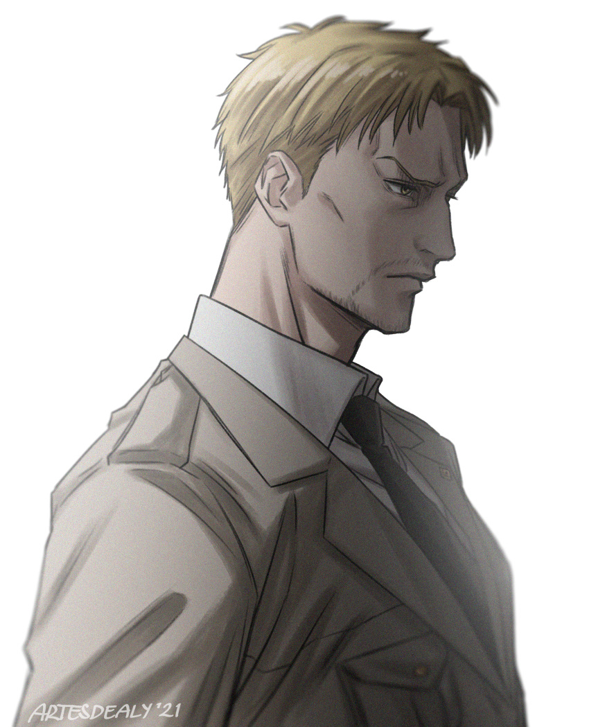 1boy alystair beige_jacket blonde_hair collared_shirt commentary_request cropped_shoulders expressionless facial_hair goatee looking_to_the_side male_focus marley_military_uniform mature_male necktie reiner_braun shingeki_no_kyojin shirt short_hair sideburns solo white_background yellow_eyes