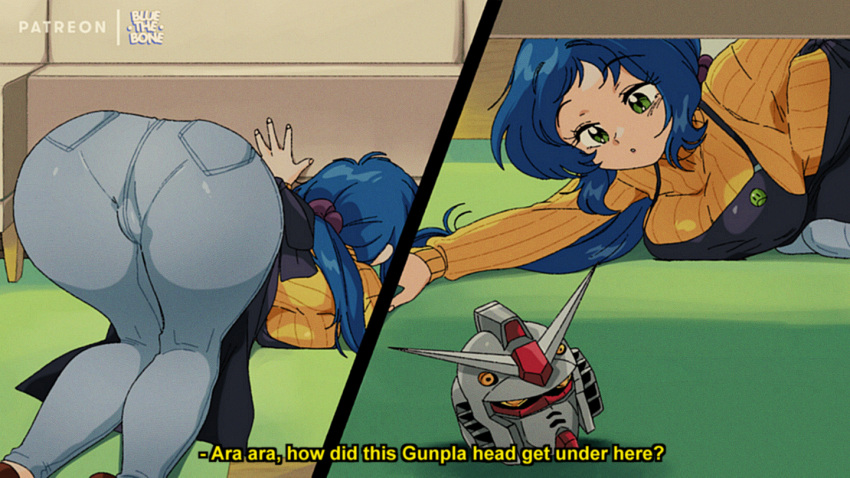 1990s_(style) 1girl apron ass black_apron blue_hair bluethebone breast_press breasts commentary english_commentary english_text eyebrows_visible_through_hair from_behind green_eyes grey_pants gundam gundam_build_fighters gunpla iori_rinko large_breasts long_hair long_sleeves mature_female model_kit pants patreon_username retro_artstyle subtitled sweater yellow_sweater
