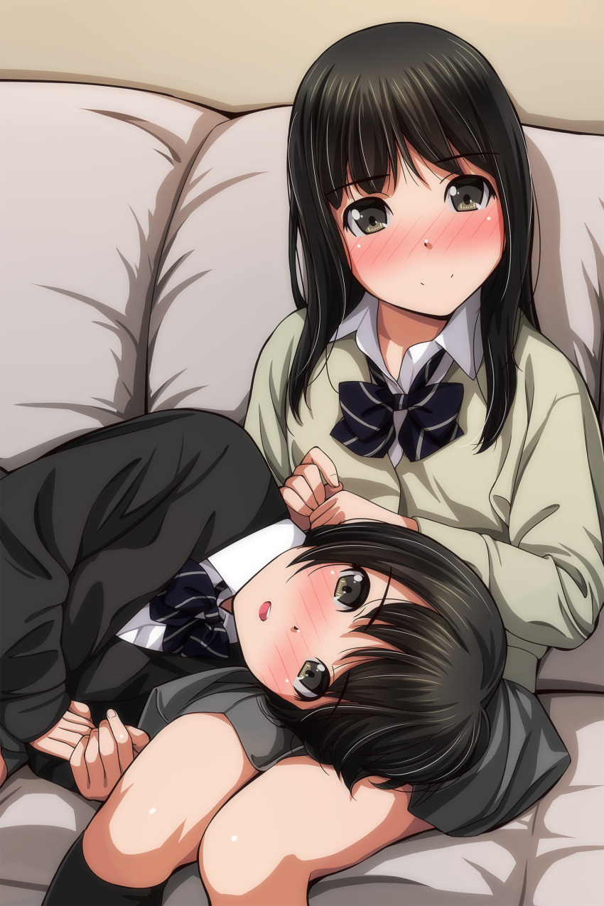 2girls absurdres back_bow bangs black_cardigan black_hair black_legwear blush bow brown_cardigan brown_eyes cardigan closed_mouth collared_shirt couch diagonal-striped_bow eyebrows_visible_through_hair feet_out_of_frame grey_skirt highres lap_pillow long_sleeves looking_at_viewer matsunaga_kouyou multiple_girls nose_blush on_couch original pleated_skirt school_uniform shirt sitting skirt sleeves_past_wrists smile white_shirt