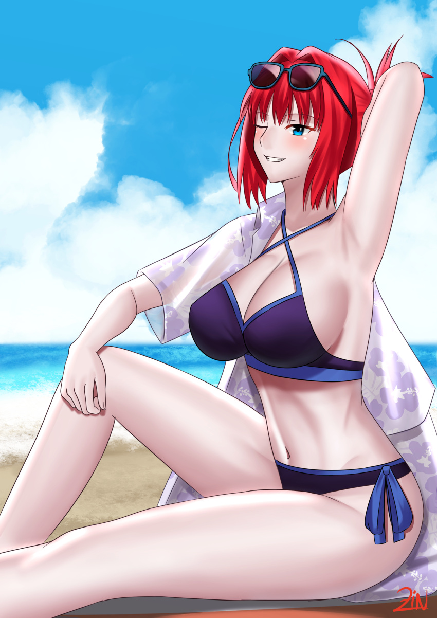 1girl absurdres alternate_costume alternate_hairstyle aozaki_aoko arm_up armpits beach bikini blue_bikini blue_eyes blue_sky blue_swimsuit blush breasts clouds commentary english_commentary eyebrows_visible_through_hair eyewear_on_head hair_intakes hawaiian_shirt highres large_breasts looking_at_viewer melty_blood melty_blood:_type_lumina navel official_alternate_costume official_alternate_hairstyle one_eye_closed outdoors redhead sand shirt short_sleeves signature sitting sky smile solo sunglasses swimsuit teeth tied_hair tsukihime tsukihime_(remake) water zin_(pixiv30275228)