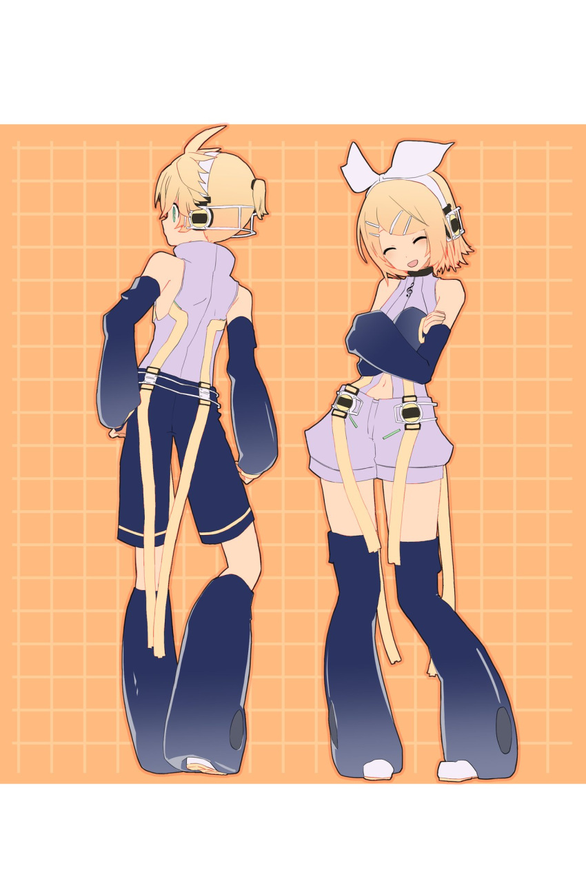 1boy 1girl bangs bare_shoulders belt black_legwear black_shorts black_sleeves blonde_hair blue_eyes bow closed_eyes clothing_cutout contrapposto crossed_arms d_futagosaikyou detached_sleeves from_behind full_body grey_shirt grid_background hair_bow hair_ornament hairclip headphones highres kagamine_len kagamine_len_(append) kagamine_rin kagamine_rin_(append) leg_warmers looking_away looking_to_the_side navel open_mouth orange_background pendant_choker shirt short_hair short_ponytail short_shorts shorts sleeveless sleeveless_shirt smile spiky_hair standing stomach_cutout swept_bangs treble_clef vocaloid vocaloid_append white_bow white_shorts