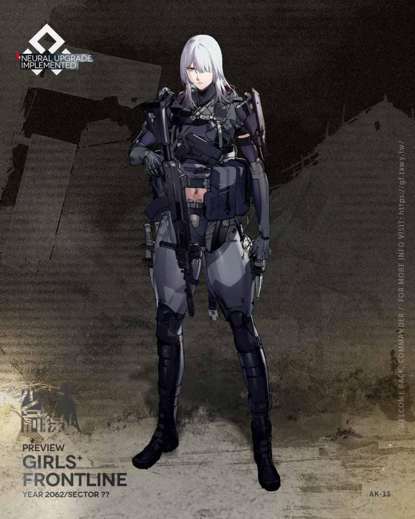 1girl ak-15 ak-15_(girls'_frontline) armor assault_rifle bangs black_footwear boots buckle character_name closed_mouth commentary_request copyright_name duoyuanjun elbow_gloves eyebrows_visible_through_hair full_body girls_frontline gloves gun hair_between_eyes hair_over_one_eye handgun highres holding holding_gun holding_weapon holster holstered_weapon kalashnikov_rifle knee_pads knife knife_holster long_hair looking_at_viewer mod3_(girls'_frontline) navel official_art pistol pouch promotional_art rifle serious silver_hair solo standing tactical_clothes thigh-highs thigh_boots thighs transparent_background violet_eyes weapon