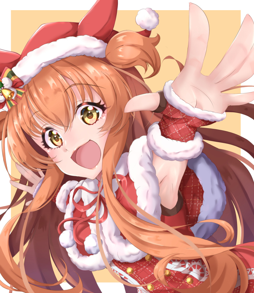 1girl :d animal_ears armpits bangs border bow capelet christmas commentary_request dress eyebrows_visible_through_hair foreshortening fur-trimmed_capelet fur_trim gloves half_gloves hat hat_bell hat_bow highres hiroyasu_(torafuzame) horse_ears horse_girl leaning_forward long_hair looking_at_viewer mayano_top_gun_(umamusume) miracles_of_the_holy_night_(umamusume) official_alternate_costume open_mouth orange_background orange_eyes orange_hair outside_border outstretched_arms partial_commentary reaching red_capelet red_dress red_gloves red_headwear santa_dress santa_gloves santa_hat sleeveless sleeveless_dress smile solo spread_arms two_side_up umamusume upper_body white_border