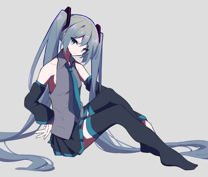 1girl bangs bare_shoulders black_legwear black_skirt blue_eyes blue_necktie closed_mouth commentary detached_sleeves grey_shirt hand_on_hip hand_on_leg hatsune_miku highres long_hair looking_at_viewer necktie pleated_skirt sasanoha_(sasanoha0712) shirt skirt smile solo thigh-highs twintails very_long_hair vocaloid
