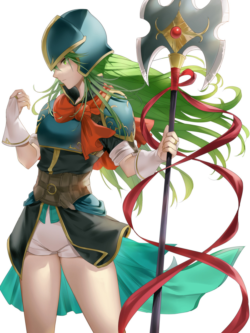 1girl armor blue_armor breastplate collared_shirt cowboy_shot fingerless_gloves fire_emblem fire_emblem:_path_of_radiance fire_emblem:_radiant_dawn floating_hair gloves green_eyes green_hair haru_(nakajou-28) helmet highres holding holding_weapon long_hair looking_away nephenee_(fire_emblem) polearm scarf shirt short_shorts short_sleeves shorts simple_background solo spear thighs weapon white_background white_gloves white_shorts wind wind_lift