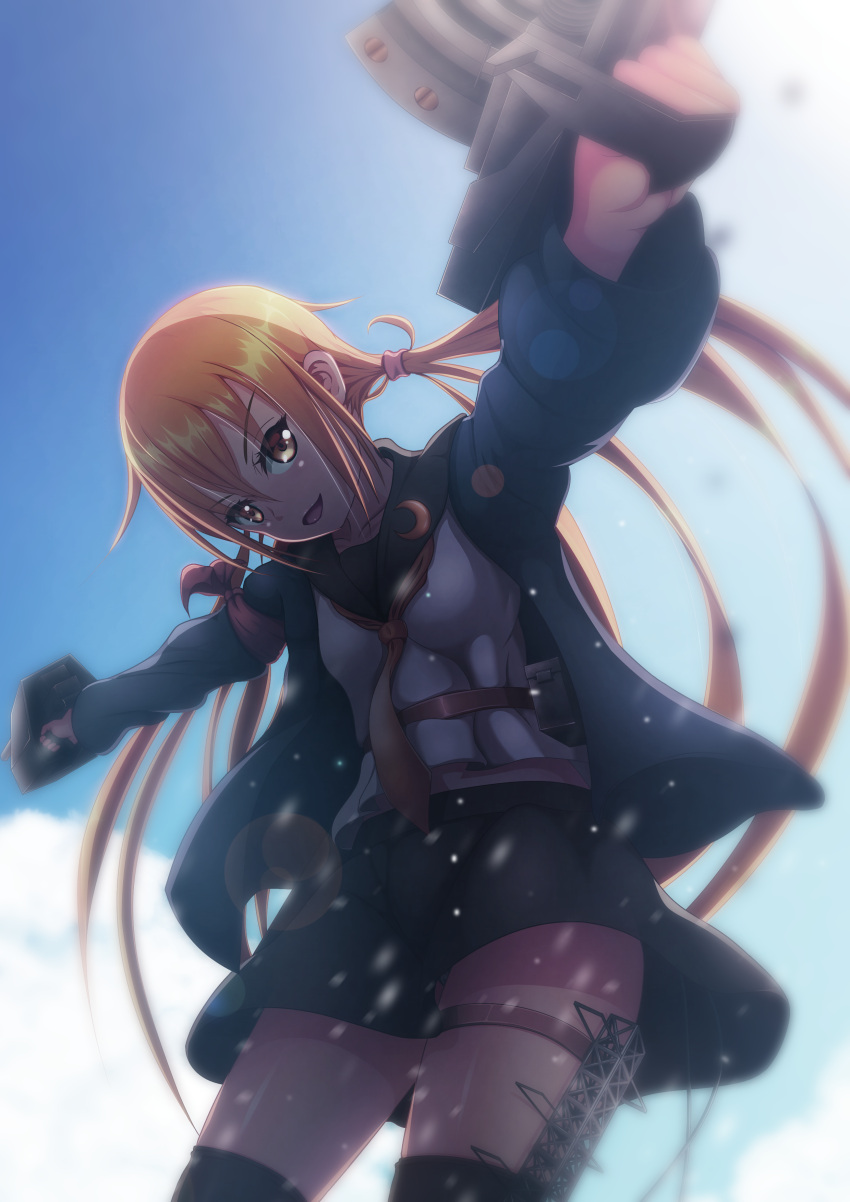 1girl absurdres armband bangs black_legwear black_skirt blonde_hair blue_jacket clouds collarbone commentary_request cowboy_shot crescent crescent_pin day dual_wielding eyebrows_visible_through_hair from_below hair_between_eyes highres holding jacket kantai_collection lens_flare light_smile long_hair long_sleeves looking_at_viewer looking_down low_twintails miniskirt neckerchief open_mouth outdoors outstretched_arms panties pantyshot revision rumachi satsuki_(kancolle) satsuki_kai_ni_(kancolle) school_uniform serafuku skirt sky solo spread_arms standing sunlight thigh-highs thigh_strap twintails underwear very_long_hair white_panties yellow_eyes yellow_neckerchief zettai_ryouiki