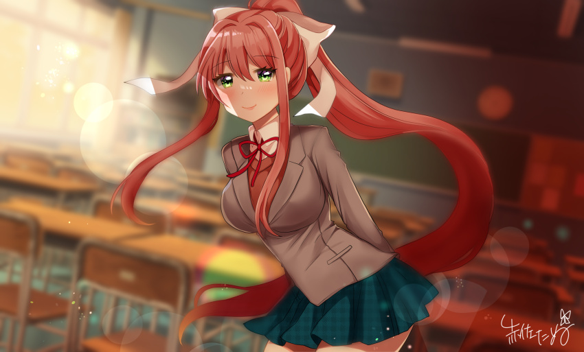 1girl akasa_tanu arms_behind_back bangs blazer blue_skirt blurry blurry_background blush bow breasts brown_hair brown_jacket brown_vest chair chalkboard classroom closed_mouth commentary_request desk doki_doki_literature_club eyebrows_visible_through_hair green_eyes hair_bow hair_ribbon highres indoors jacket large_breasts lens_flare long_hair long_sleeves looking_at_viewer monika_(doki_doki_literature_club) plaid plaid_skirt pleated_skirt ponytail red_ribbon ribbon school_chair school_desk school_uniform shirt skirt smile solo standing very_long_hair vest white_bow white_ribbon white_shirt