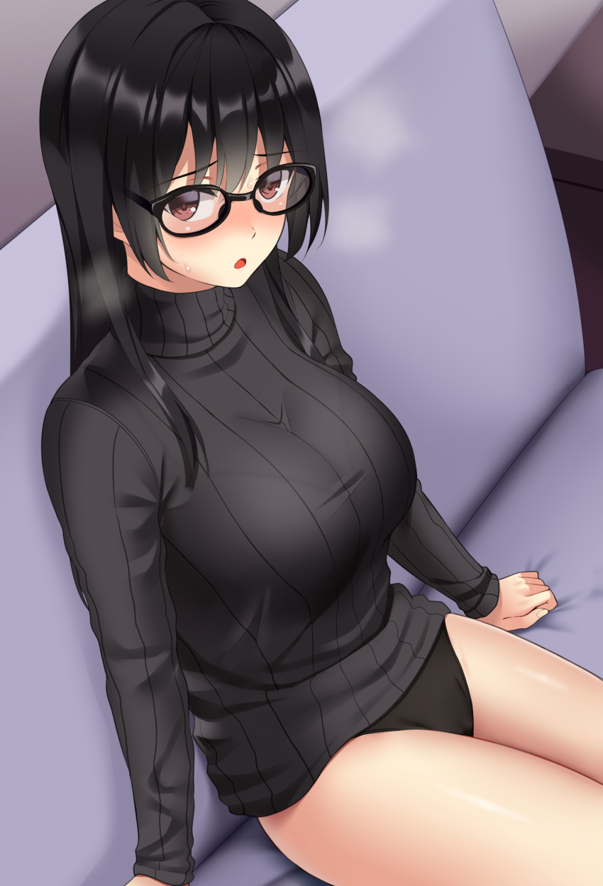 1girl absurdres arm_support arms_at_sides bangs black-framed_eyewear black_hair black_panties black_sweater blush bralines breasts clothes_pull couch denim eyebrows_visible_through_hair feet_out_of_frame glasses highres huyumitsu indoors jeans large_breasts long_hair long_sleeves looking_at_viewer no_pants on_couch open_fly original panties pants pants_pull parted_lips photoshop_(medium) red_eyes ribbed_sweater sitting solo straight_hair surprised sweater taut_sweater thighs turtleneck turtleneck_sweater underwear