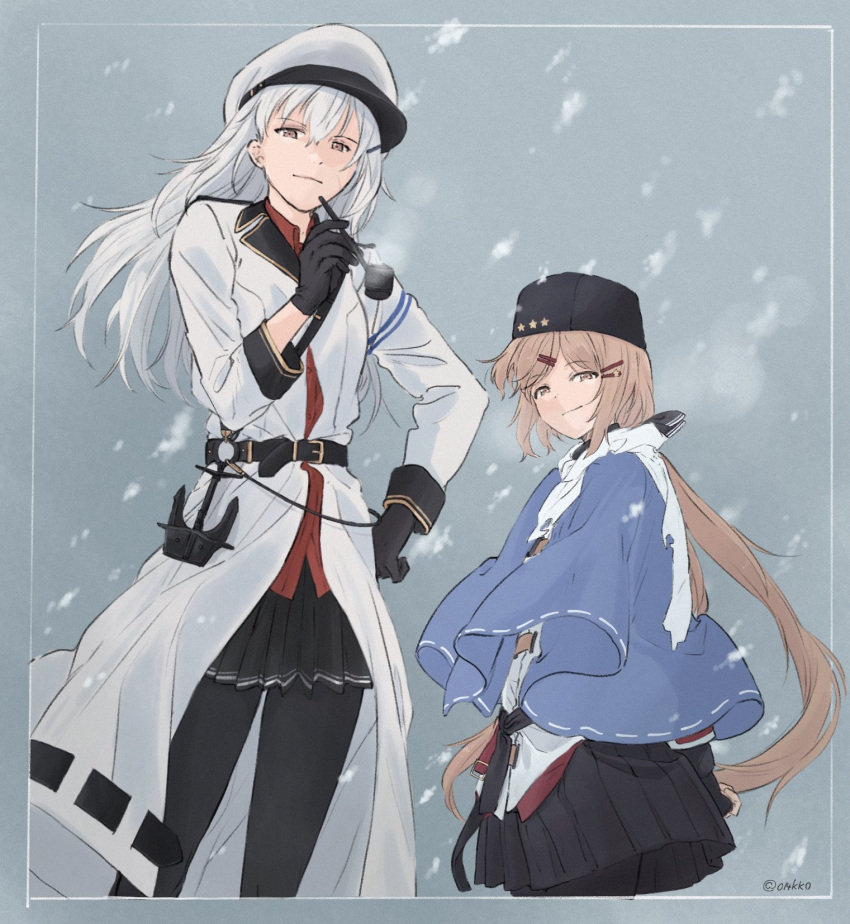 2girls belt black_gloves black_ribbon black_skirt blue_cloak brown_eyes cloak closed_mouth coat commentary_request gangut_(kancolle) gloves hair_between_eyes hair_ornament hair_ribbon hairclip hat highres holding holding_pipe kantai_collection kokko_(014kko) long_hair looking_at_viewer low_twintails multiple_girls pantyhose papakha pipe pleated_skirt red_shirt ribbon scar scar_on_face scarf shirt simple_background skirt smoke snowing star_(symbol) tashkent_(kancolle) torn_scarf twintails twitter_username white_coat white_hair white_scarf