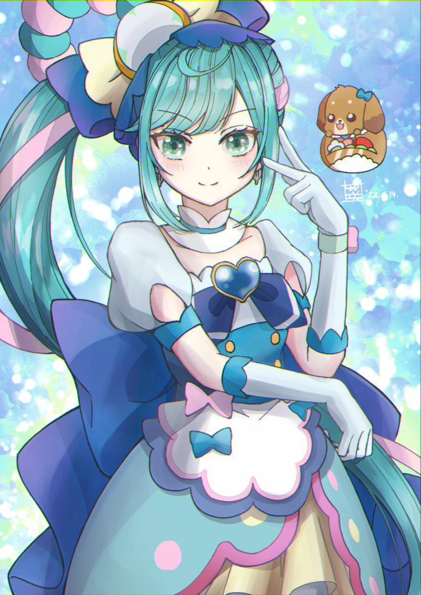 1girl absurdres apron back_bow blue_background blue_bow blue_eyes blue_hair bow closed_mouth cowboy_shot creature cure_spicy dated delicious_party_precure detached_collar dog elbow_gloves fuwa_kokone gloves hair_bow hair_ornament hair_rings highres long_hair looking_at_viewer magical_girl multicolored_hair pam-pam_(precure) pamu-pamu_(precure) pink_hair precure puffy_sleeves sakihi signature skirt smile standing two-tone_hair white_gloves yellow_skirt