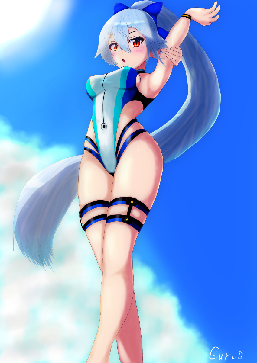 1girl absurdres arms_up ass bangs blue_bow blue_jacket blue_swimsuit blush bow breasts fate/grand_order fate_(series) fgomasters highleg highleg_swimsuit highres large_breasts long_hair looking_at_viewer multicolored multicolored_clothes multicolored_swimsuit one-piece_swimsuit ponytail silver_hair solo swimsuit tomoe_gozen_(fate) tomoe_gozen_(swimsuit_saber)_(fate) two-tone_swimsuit white_swimsuit