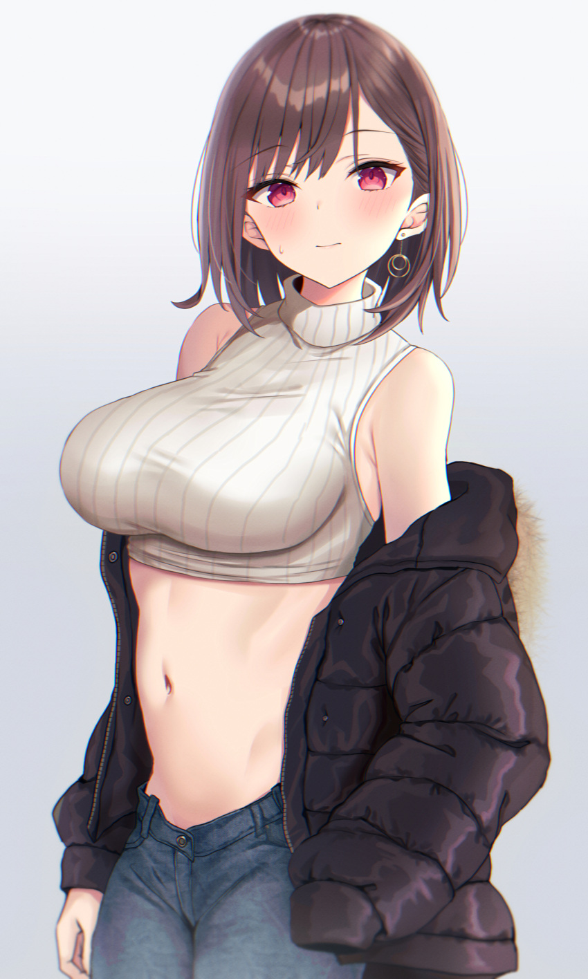1girl absurdres akino_ell armpit_crease bare_shoulders black_jacket blue_pants breasts brown_hair cowboy_shot crop_top denim earrings highres jacket jewelry large_breasts long_sleeves looking_at_viewer medium_hair midriff navel off_shoulder open_clothes open_jacket original pants red_eyes revealing_clothes ribbed_shirt shirt simple_background sleeveless sleeveless_shirt sleeveless_turtleneck solo standing stomach sweatdrop turtleneck white_background white_shirt