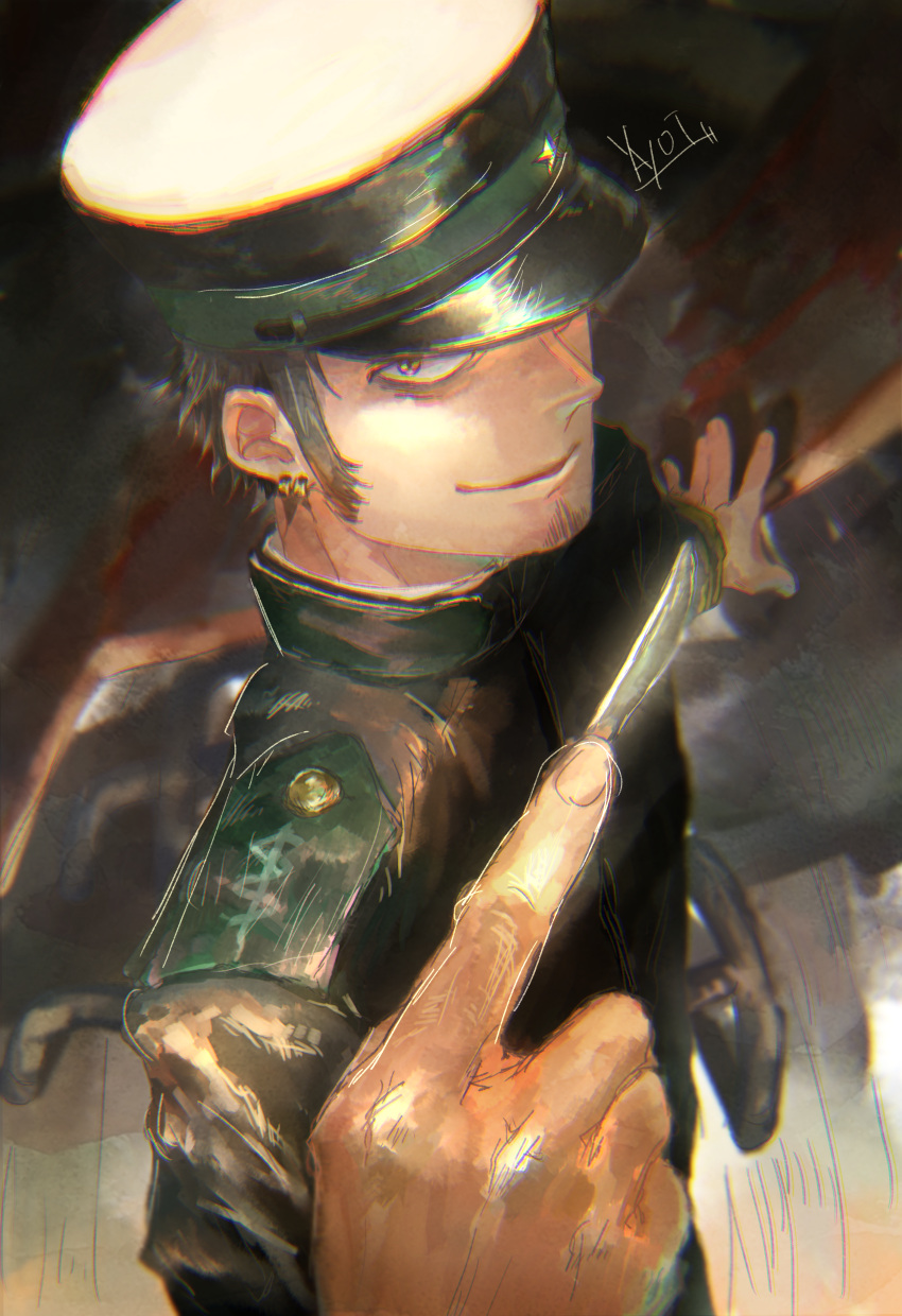 1boy absurdres akatsuka evil_smile facial_hair from_above hat hat_over_one_eye highres holding male_focus military_hat one_piece perspective scalpel smile solo trafalgar_law
