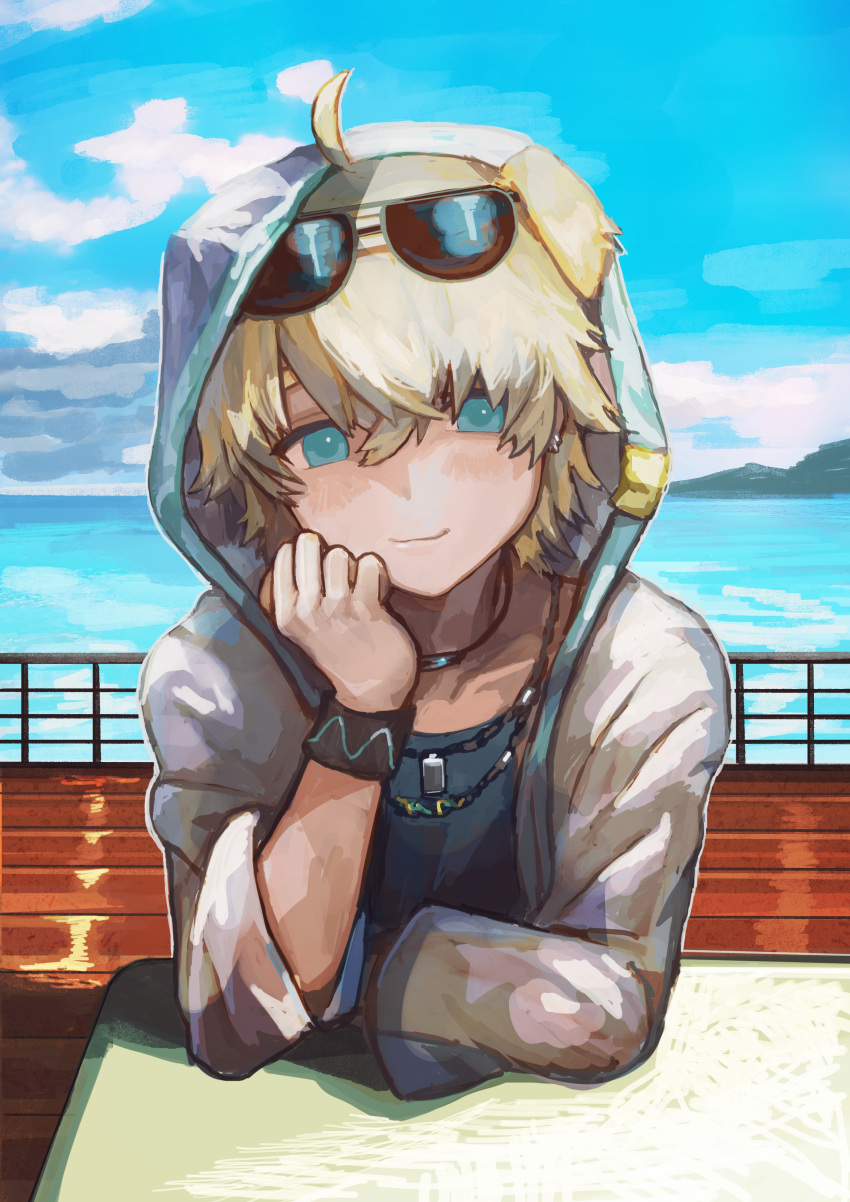 1boy absurdres ahoge animal_ears arknights bangs blonde_hair blue_eyes blue_sky boat buchi0122 closed_mouth clouds commentary_request cowlick crossed_bangs dog_boy dog_ears ear_piercing hair_between_eyes hand_on_own_face highres hood hood_up jewelry long_sleeves looking_at_viewer male_focus mountain necklace ocean piercing sky smile solo sunglasses tequila_(arknights) watercraft wristband yellow_eyes